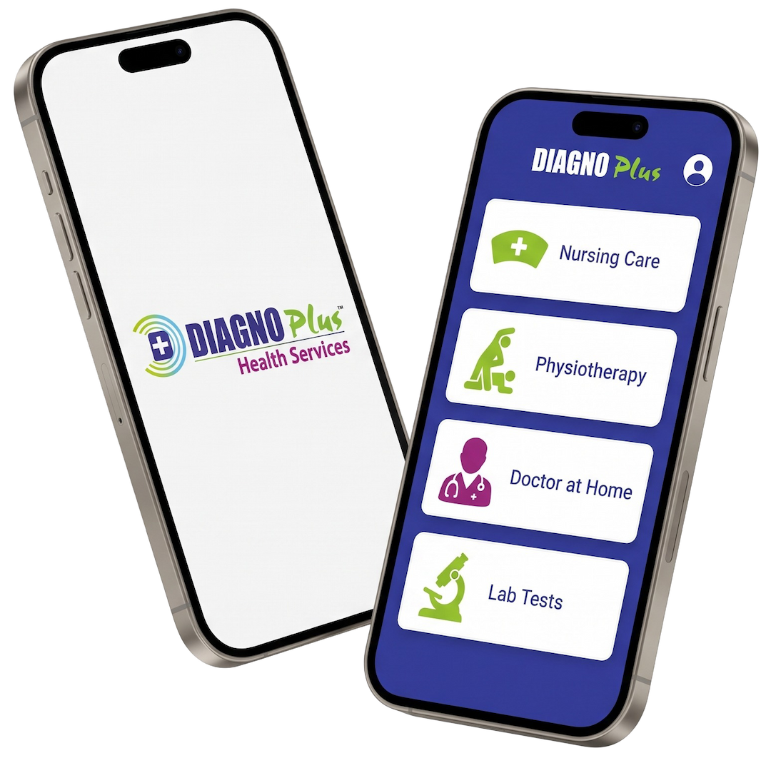 Diagnoplus App - Two phone mockups showing the app interface