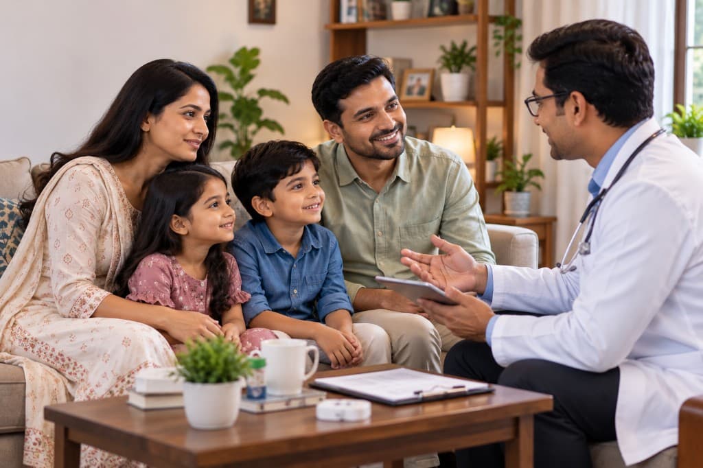 Indian family of four consulting a doctor at home